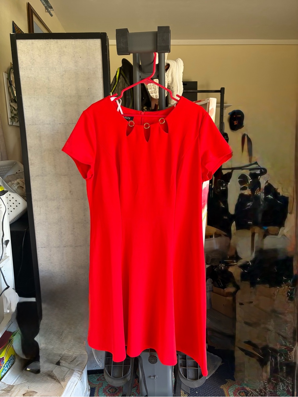 Alyx Vibrant Red Short-Sleeve Dress with Eyelet Neck Detail